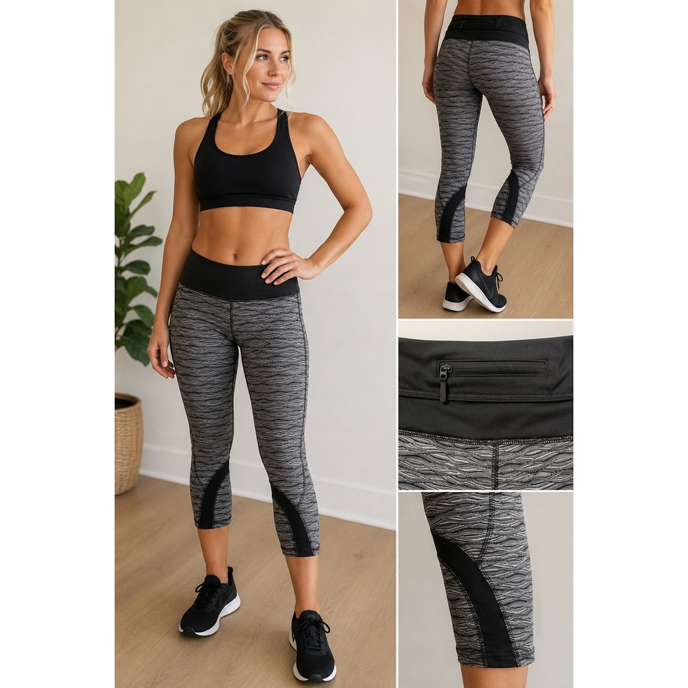 lululemon Women's Size 10 Black Gray Wave Running Crop Leggings Zip Pocket